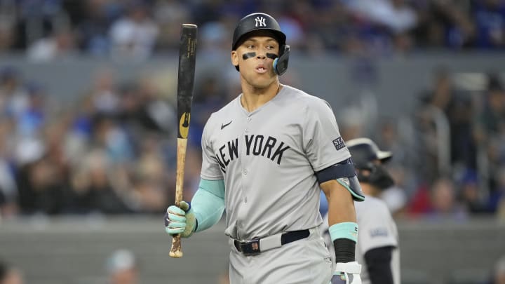 Jun 27, 2024; Toronto, Ontario, CAN; New York Yankees designated hitter Aaron Judge (99) reacts after striking out against the Toronto Blue Jays during the sixth inning at Rogers Centre. Mandatory Credit: John E. Sokolowski-USA TODAY Sports