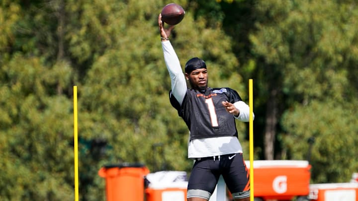 Cincinnati Bengals wide receiver Ja'Marr Chase (1) participates in drills during training, Wednesday, Sept. 4, 2024, at the Kettering Health Practice Fields outside of Paycor Stadium in Cincinnati.