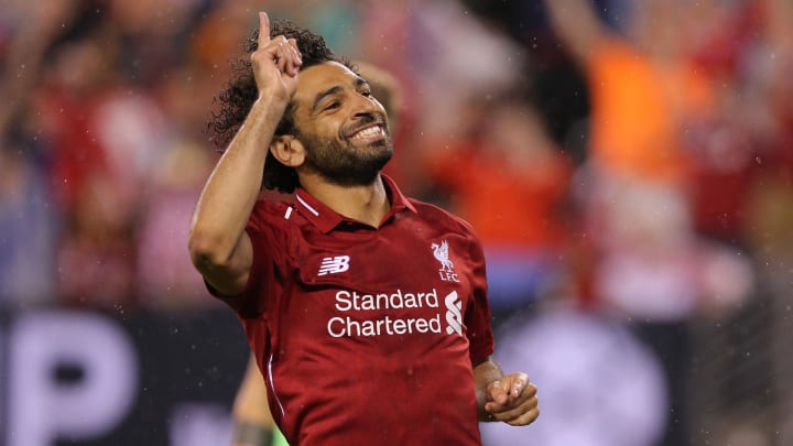 Jul 25, 2018; East Rutherford, NJ, USA; Liverpool forward Mohamed Salah (11) celebrates his goal against Manchester City during the second half of an International Champions Cup soccer match at MetLife Stadium. Mandatory Credit: Brad Penner-USA TODAY Sports