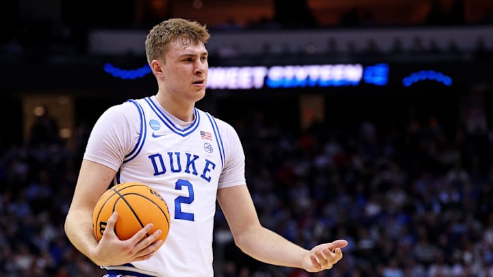 Mar 27, 2025; Newark, NJ, USA; Duke Blue Devils forward Cooper Flagg (2) reacts after a play during the first half against the Arizona Wildcats during an East Regional semifinal of the 2025 NCAA tournament at Prudential Center. Mar 27, 2025; Newark, NJ, USA; Duke Blue Devils forward Cooper Flagg (2) reacts after a play during the first half against the Arizona Wildcats during an East Regional semifinal of the 2025 NCAA tournament at Prudential Center.