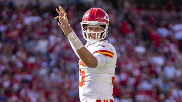 October 20, 2024; Santa Clara, California, USA; Kansas City Chiefs quarterback Patrick Mahomes (15) celebrates a touchdown against the San Francisco 49ers during the second quarter at Levi's Stadium. Mandatory Credit: Kyle Terada-Imagn Images