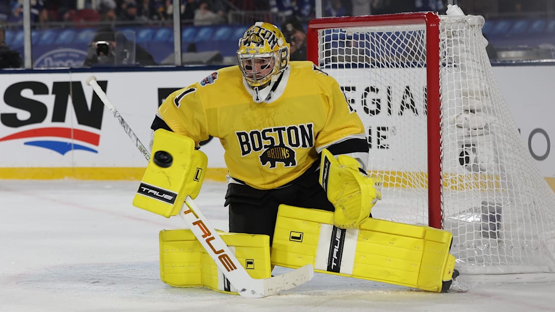 Feb 1, 2026; Tampa Bay, Florida, USA; Boston Bruins goaltender Jeremy Swayman (1) prepares to make the save against the Tampa Bay Lightning during overtime in the 2026 Stadium Series ice hockey game at Raymond James Stadium. Mandatory Credit: Kim Klement Neitzel-Imagn Images Feb 1, 2026; Tampa Bay, Florida, USA; Boston Bruins goaltender Jeremy Swayman (1) prepares to make the save against the Tampa Bay Lightning during overtime in the 2026 Stadium Series ice hockey game at Raymond James Stadium. Mandatory Credit: Kim Klement Neitzel-Imagn Images