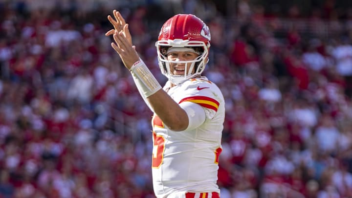 October 20, 2024; Santa Clara, California, USA; Kansas City Chiefs quarterback Patrick Mahomes (15) celebrates a touchdown against the San Francisco 49ers during the second quarter at Levi's Stadium. Mandatory Credit: Kyle Terada-Imagn Images