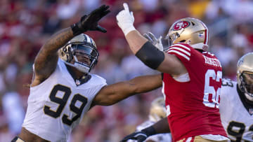 August 18, 2024; Santa Clara, California, USA; New Orleans Saints defensive end Chase Young (99) rushes against San Francisco 49ers guard Jarrett Kingston (62) during the second quarter at Levi's Stadium. Mandatory Credit: Kyle Terada-USA TODAY Sports