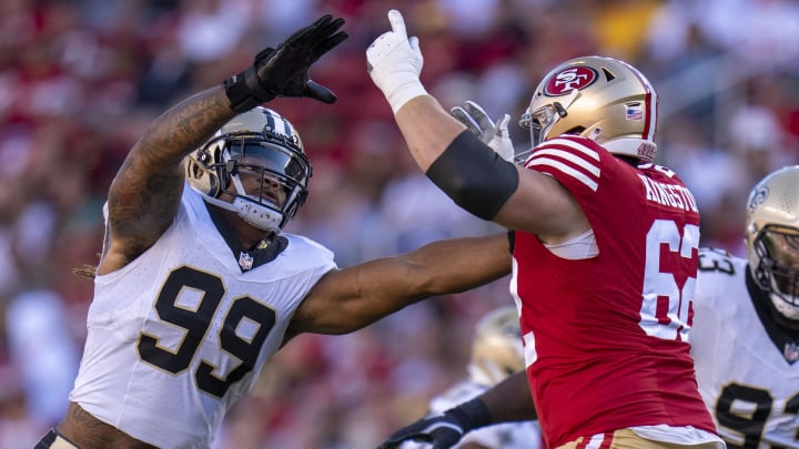 August 18, 2024; Santa Clara, California, USA; New Orleans Saints defensive end Chase Young (99) rushes against San Francisco 49ers guard Jarrett Kingston (62) during the second quarter at Levi's Stadium. Mandatory Credit: Kyle Terada-USA TODAY Sports