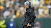 Nov 2, 2025; Green Bay, Wisconsin, USA; Carolina Panthers head coach Dave Canales during the second half against the Green Bay Packers at Lambeau Field. Mandatory Credit: Jeff Hanisch-Imagn Images