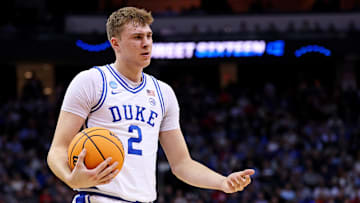 Mar 27, 2025; Newark, NJ, USA; Duke Blue Devils forward Cooper Flagg (2) reacts after a play during the first half against the Arizona Wildcats during an East Regional semifinal of the 2025 NCAA tournament at Prudential Center. Mandatory Credit: Vincent Carchietta-Imagn Images