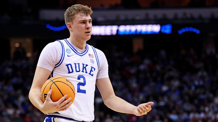Mar 27, 2025; Newark, NJ, USA; Duke Blue Devils forward Cooper Flagg (2) reacts after a play during the first half against the Arizona Wildcats during an East Regional semifinal of the 2025 NCAA tournament at Prudential Center. Mandatory Credit: Vincent Carchietta-Imagn Images