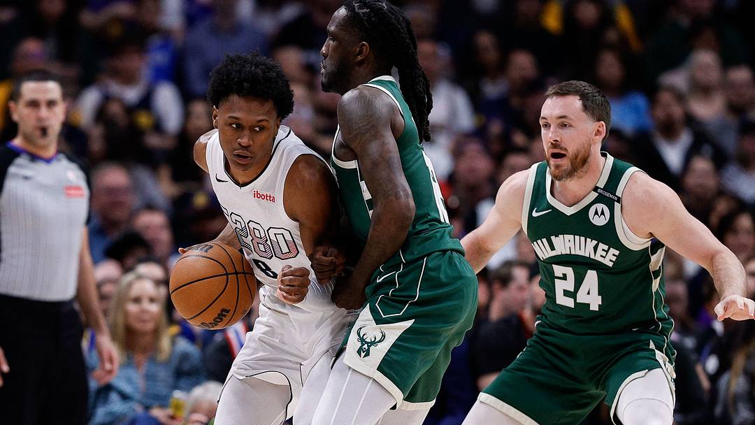 Mar 26, 2025; Denver, Colorado, USA; Denver Nuggets forward Peyton Watson (8) controls the ball under pressure from Milwaukee Bucks forward Taurean Prince (12) as guard Pat Connaughton (24) defends in the fourth quarter at Ball Arena. Mandatory Credit: Isaiah J. Downing-Imagn Images Mar 26, 2025; Denver, Colorado, USA; Denver Nuggets forward Peyton Watson (8) controls the ball under pressure from Milwaukee Bucks forward Taurean Prince (12) as guard Pat Connaughton (24) defends in the fourth quarter at Ball Arena. Mandatory Credit: Isaiah J. Downing-Imagn Images
