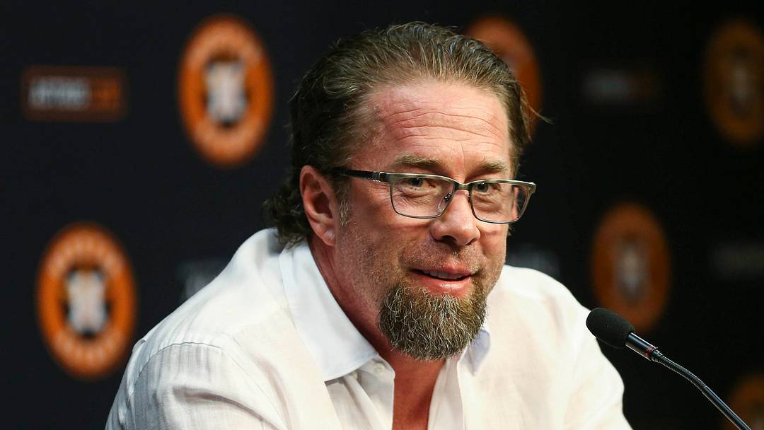 Aug 5, 2017; Houston, TX, USA; Former Houston Astros player and Hall of Fame member Jeff Bagwell talks during a press conference before a game against the Toronto Blue Jays at Minute Maid Park. Mandatory Credit: Troy Taormina-USA TODAY Sports