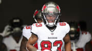 Dec 3, 2023; Tampa, Florida, USA;  Tampa Bay Buccaneers wide receiver Deven Thompkins (83) takes the field for warms ups before a game against the Carolina Panthers at Raymond James Stadium. Mandatory Credit: Nathan Ray Seebeck-USA TODAY Sports