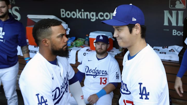 Oct 11, 2024; Los Angeles, California, USA; Los Angeles Dodgers designated hitter Shohei Ohtani (17) and outfielder Teoscar Hernandez (37) react in the dugout before game five against the San Diego Padres in the NLDS for the 2024 MLB Playoffs at Dodger Stadium. Mandatory Credit: Kiyoshi Mio-Imagn Images Oct 11, 2024; Los Angeles, California, USA; Los Angeles Dodgers designated hitter Shohei Ohtani (17) and outfielder Teoscar Hernandez (37) react in the dugout before game five against the San Diego Padres in the NLDS for the 2024 MLB Playoffs at Dodger Stadium. Mandatory Credit: Kiyoshi Mio-Imagn Images