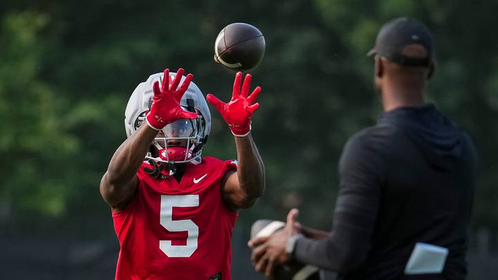 Ohio State Buckeyes wide receiver Kyle Parker (5) makes a catch during the first practice of training camp at the Woody Hayes Athletic Center in Columbus on Aug. 6, 2026.