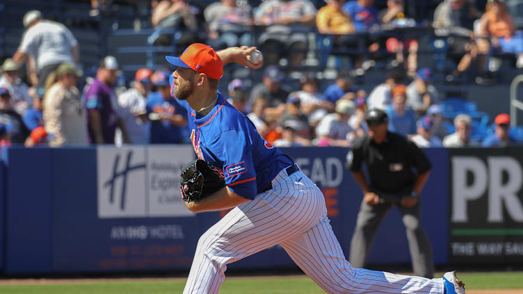 New York Mets opening pitcher Tylor Megill fires pitch at St. Louis Cardinals Brendan Donovan in the