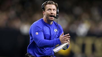 Los Angeles Rams head coach Sean McVay calls a timeout in the second quarter against the New Orleans Saints at the Caesars Superdome.