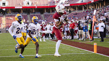 Nov 1, 2025; Stanford, California, USA; Stanford Cardinal wide receiver CJ Williams (3) scores a touchdown against the Pittsburgh Panthers during the fourth quarter at Stanford Stadium. Mandatory Credit: John Hefti-Imagn Images