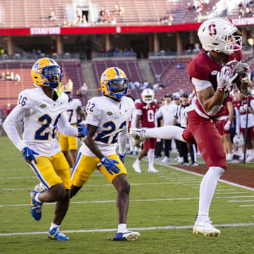 Nov 1, 2025; Stanford, California, USA; Stanford Cardinal wide receiver CJ Williams (3) scores a touchdown against the Pittsburgh Panthers during the fourth quarter at Stanford Stadium. Mandatory Credit: John Hefti-Imagn Images