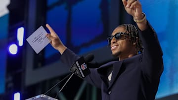 Apr 25, 2025; Green Bay, WI, USA; Indianapolis Colts running back Jonathan Taylor gestures to the crowd after announcing the team’s selection with the 45th overall pick during the 2025 NFL Draft at Lambeau Field. Mandatory Credit: Tork Mason/USA Today Network via Imagn Images