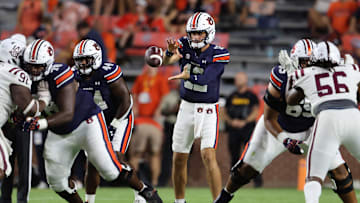 Aug 31, 2024; Auburn, Alabama, USA;  Auburn Tigers quarterback Holden Geriner (12) takes the snap during the fourth quarter against the Alabama A&M Bulldogs at Jordan-Hare Stadium.  Mandatory Credit: John Reed-Imagn Images