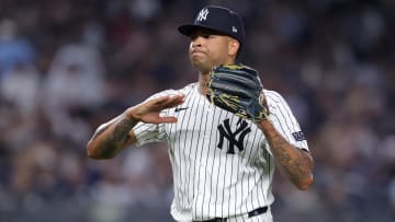 Jun 4, 2024; Bronx, New York, USA; New York Yankees starting pitcher Luis Gil (81) reacts during the sixth inning against the Minnesota Twins at Yankee Stadium. Mandatory Credit: Brad Penner-USA TODAY Sports