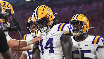 LSU Tigers tight end Trey'Dez Green (14) celebrates with teammates after scoring a touchdown Saturday, Aug. 30, 2025 during the NCAA football game against the Clemson Tigers at Memorial Stadium in Clemson, South Carolina. LSU Tigers won 17-10.