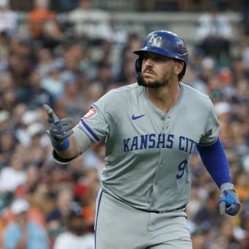 Aug 3, 2024; Detroit, Michigan, USA;  Kansas City Royals first baseman Vinnie Pasquantino (9) hits a home run in the sixth inning against the Detroit Tigers at Comerica Park. Mandatory Credit: Rick Osentoski-USA TODAY Sports