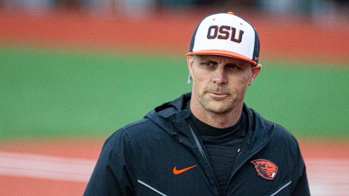 Oregon State head coach Mitch Canham returns to the dugout during the NCAA college baseball game at Goss Stadium on Friday,ÊApril 26, 2024, in Corvallis, Ore. Oregon State head coach Mitch Canham returns to the dugout during the NCAA college baseball game at Goss Stadium on Friday,ÊApril 26, 2024, in Corvallis, Ore.