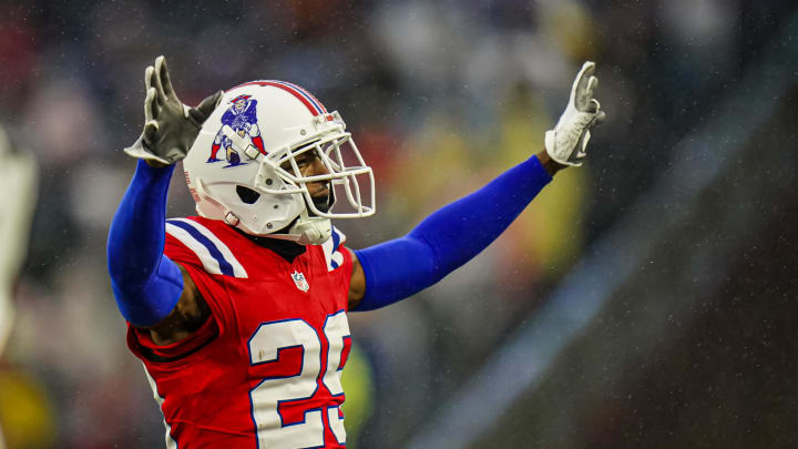 Dec 3, 2023; Foxborough, Massachusetts, USA; New England Patriots cornerback J.C. Jackson (29) reacts after his play against the Los Angeles Chargers in the second half at Gillette Stadium. Mandatory Credit: David Butler II-USA TODAY Sports