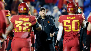 Iowa State's head coach Matt Campbell speaks to his players as they walk off the field during the game between the University of Memphis and Iowa State University in the AutoZone Liberty Bowl at Simmons Bank Liberty Stadium on Dec. 29, 2023.