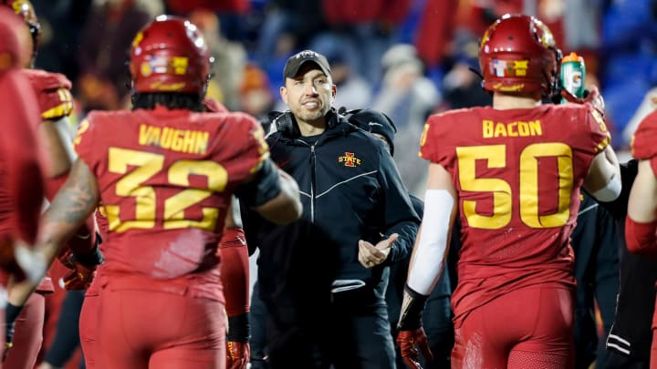 Iowa State's head coach Matt Campbell speaks to his players as they walk off the field during the game between the University of Memphis and Iowa State University in the AutoZone Liberty Bowl at Simmons Bank Liberty Stadium on Dec. 29, 2023.