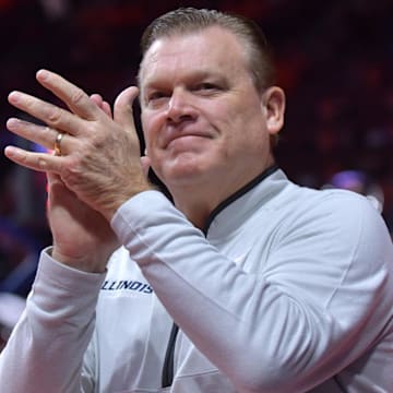 Nov 23, 2024; Champaign, Illinois, USA;  Illinois Fighting Illini head coach Brad Underwood during the first half against the Maryland-Eastern Shore Hawks at State Farm Center. Mandatory Credit: Ron Johnson-Imagn Images