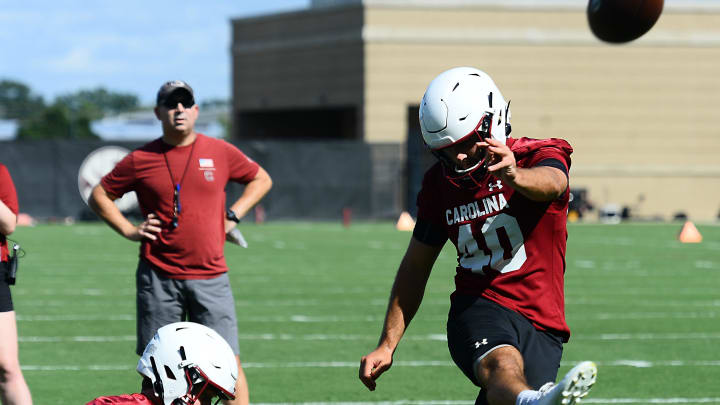 The USC football team held their first preseason football practice at the USC practice fields on Aug. 5, 2022. The team's head coach is Shane Beamer. Kicker Alex Herrera (40) on the field.

Spa Usc First 2022 Football Practice13