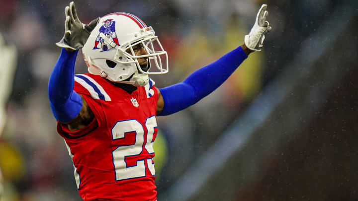 Dec 3, 2023; Foxborough, Massachusetts, USA; New England Patriots cornerback J.C. Jackson (29) reacts after his play against the Los Angeles Chargers in the second half at Gillette Stadium. Mandatory Credit: David Butler II-USA TODAY Sports