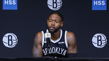 Sep 23, 2025; Brooklyn, NY, USA;  Brooklyn Nets forward Haywood Highsmith (7) speaks at Media Day. Mandatory Credit: Wendell Cruz-Imagn Images