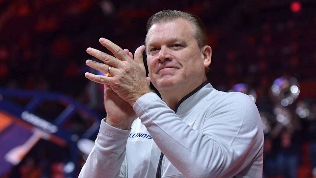 Nov 23, 2024; Champaign, Illinois, USA;  Illinois Fighting Illini head coach Brad Underwood during the first half against the Maryland-Eastern Shore Hawks at State Farm Center. Mandatory Credit: Ron Johnson-Imagn Images