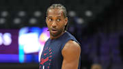 Apr 11, 2025; Sacramento, California, USA; Los Angeles Clippers forward Kawhi Leonard (2) before the game against the Sacramento Kings at Golden 1 Center.