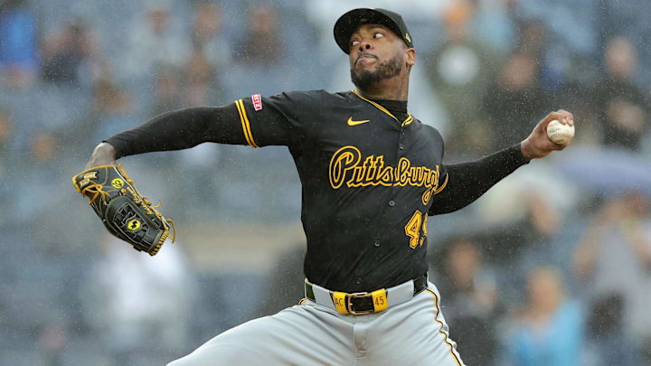 Sep 28, 2024; Bronx, New York, USA; Pittsburgh Pirates relief pitcher Aroldis Chapman (45) pitches against the New York Yankees during the ninth inning at Yankee Stadium. Mandatory Credit: Brad Penner-Imagn Images