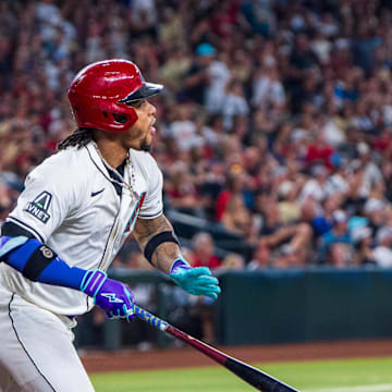 Aug 10, 2024; Phoenix, Arizona, USA; Arizona Diamondbacks infielder Ketel Marte (4) reacts after hitting a home run in the first inning against the Philadelphia Phillies at Chase Field. Mandatory Credit: Allan Henry-Imagn Images