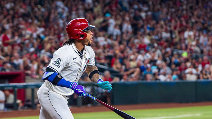 Aug 10, 2024; Phoenix, Arizona, USA; Arizona Diamondbacks infielder Ketel Marte (4) reacts after hitting a home run in the first inning against the Philadelphia Phillies at Chase Field. Mandatory Credit: Allan Henry-Imagn Images