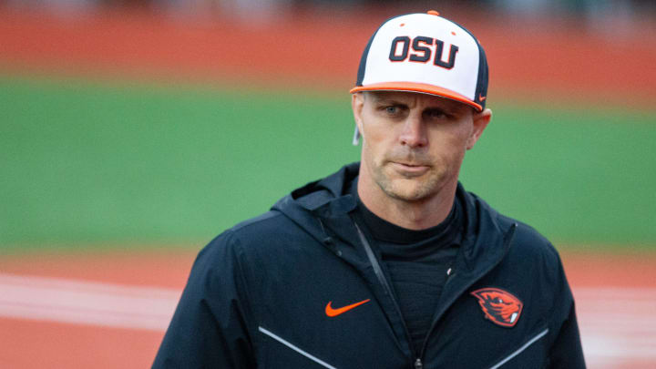 Oregon State head coach Mitch Canham returns to the dugout duringÊthe NCAA college baseball game at Goss Stadium on Friday,ÊApril 26, 2024, in Corvallis, Ore.