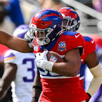 New York Giants linebacker Darius Muasau (53) reacts after an interception against the Minnesota Vikings during the second half at MetLife Stadium in East Rutherford, N.J., on Sept. 8, 2024.