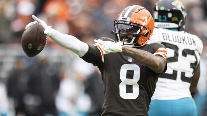 Dec 10, 2023; Cleveland, Ohio, USA; Cleveland Browns wide receiver Elijah Moore (8) celebrates his first down run against the Jacksonville Jaguars during the second quarter at Cleveland Browns Stadium. Mandatory Credit: Scott Galvin-USA TODAY Sports