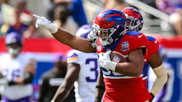 New York Giants linebacker Darius Muasau (53) reacts after an interception against the Minnesota Vikings during the second half at MetLife Stadium in East Rutherford, N.J., on Sept. 8, 2024.