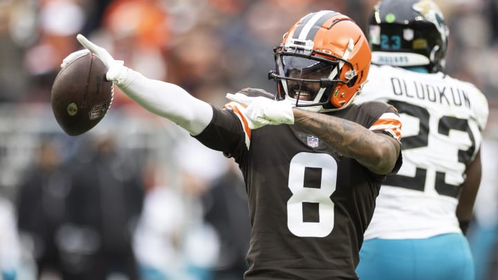 Dec 10, 2023; Cleveland, Ohio, USA; Cleveland Browns wide receiver Elijah Moore (8) celebrates his first down run against the Jacksonville Jaguars during the second quarter at Cleveland Browns Stadium.