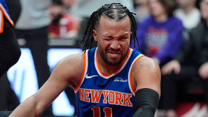 Mar 3, 2026; Toronto, Ontario, CAN; New York Knicks guard Jalen Brunson (11) reacts after getting poked in the eye during a collision with a Toronto Raptors player during the second half at Scotiabank Arena. Mandatory Credit: John E. Sokolowski-Imagn Images