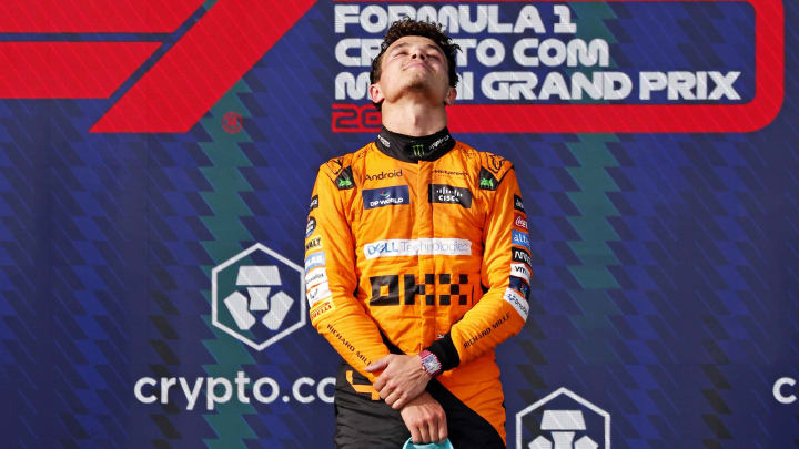 May 5, 2024; Miami Gardens, Florida, USA; McLaren driver Lando Norris (4) celebrates winning the Miami Grand Prix at Miami International Autodrome. Mandatory Credit: Peter Casey-USA TODAY Sports