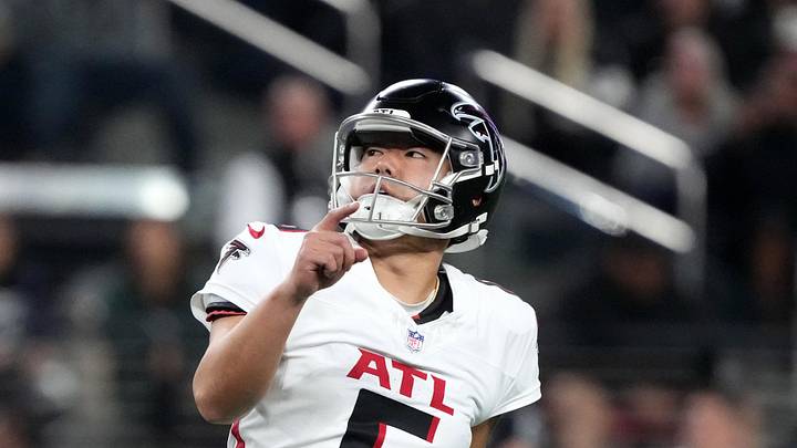 Atlanta Falcons place kicker Younghoe Koo (6) kicks a field goal as Atlanta Falcons punter Bradley Pinion (13) holds during a game against the Las Vegas Raiders in the second half at Allegiant Stadium. Mandatory Credit: Kirby Lee-Imagn Images