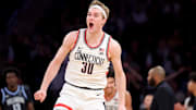 Mar 13, 2025; New York, NY, USA; Connecticut Huskies forward Liam McNeeley (30) reacts during the second half against the Villanova Wildcats at Madison Square Garden. Mandatory Credit: Brad Penner-Imagn Images