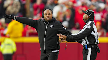 Nov 29, 2024; Kansas City, Missouri, USA; Las Vegas Raiders head coach Antonio Pierce reacts during the first half against the Kansas City Chiefs at GEHA Field at Arrowhead Stadium. Mandatory Credit: Jay Biggerstaff-Imagn Images