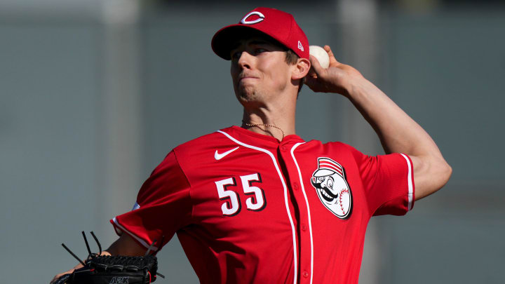 Cincinnati Reds starting pitcher Brandon Williamson (55) throws live batting practice during spring training workouts, Wednesday, Feb. 14, 2024, at the team   s spring training facility in Goodyear, Ariz.